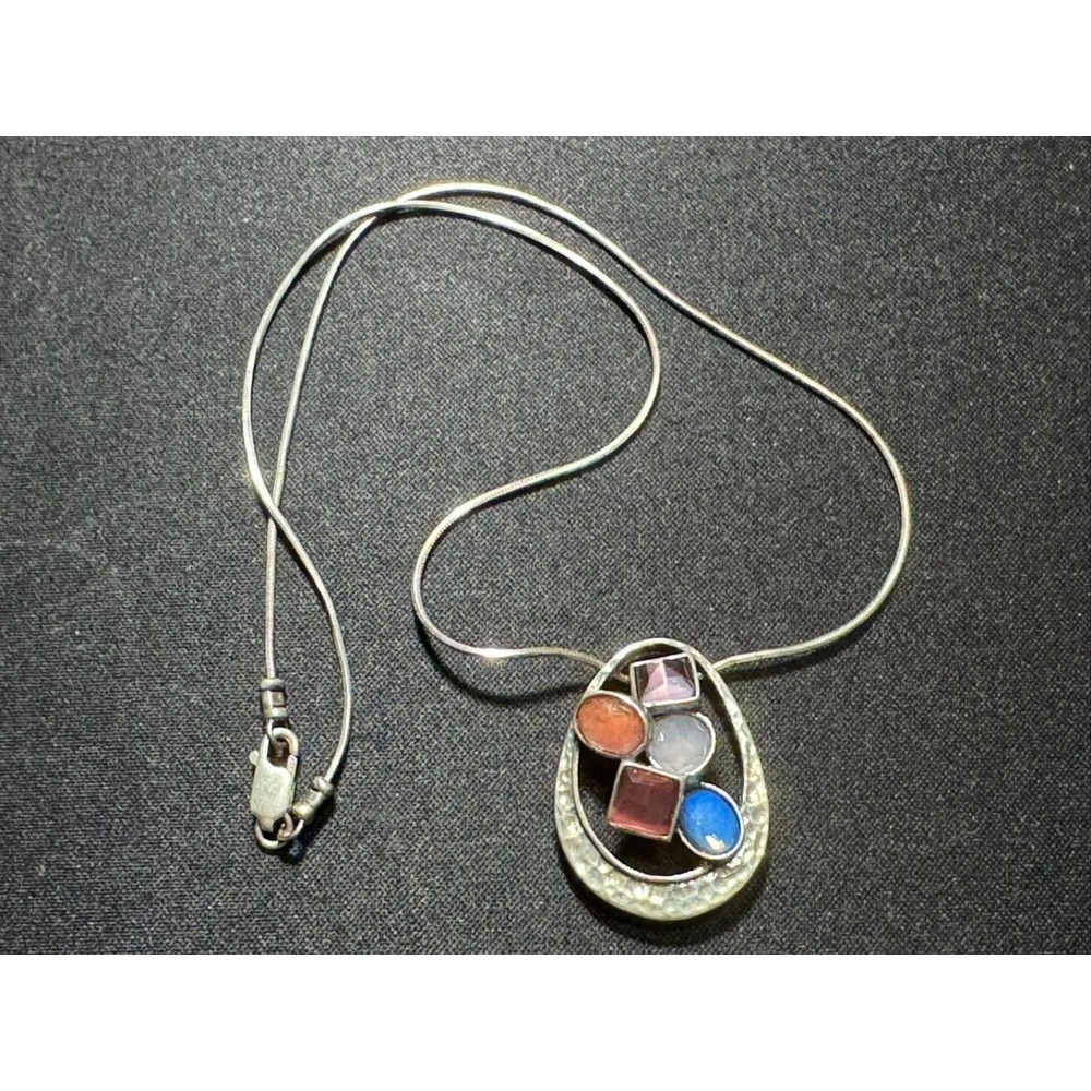 Artisan Sterling Silver 925 Multi Gemstone Hammered Teardrop Pendant Necklace
